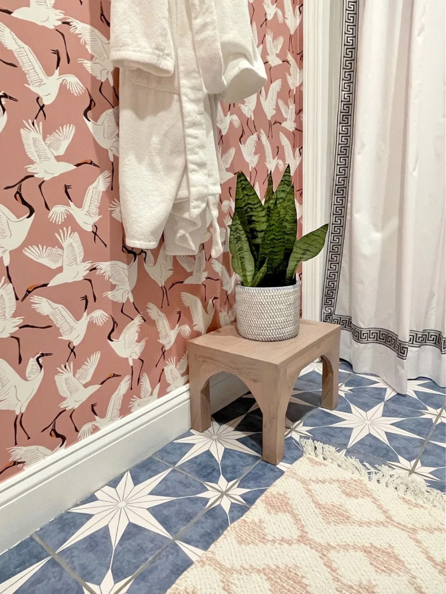 Colorful bathroom, crane wallpaper, tile stickers, steps tool, pink and blue bathroom, Greek key shower curtain, small bathroom 

#LTKhome