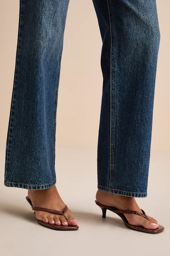 Massima Brown Croc-Embrossed Kitten Heel Thong Sandals | Lulus