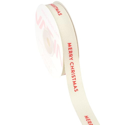 VATIN Herringbone Christmas Cotton Ribbon Printed with “Merry Christmas”, Natural Color 5/8-inch 12 Yards Gift Ribbon Use for Gift Wraping, Flower Bouquet, Christmas Tree Decor, Wreath Decorations | Amazon (US)