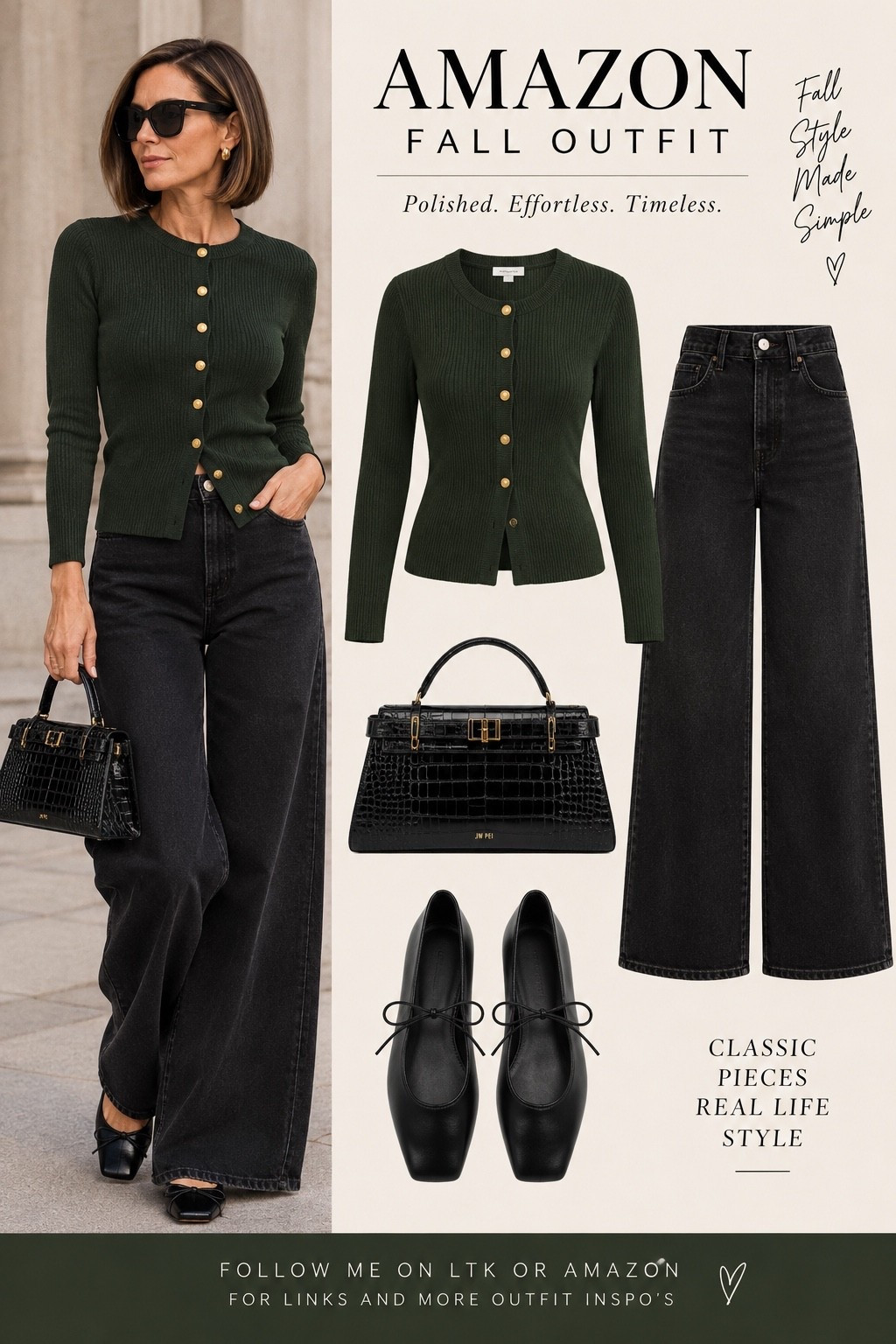 I love an outfit that feels relaxed but still has a little polish. The deep olive cardigan with its gold buttons adds just enough structure to balance the relaxed, wide-leg black denim. Add a pair of feminine ballet flats and a croc-embossed bag, and suddenly jeans and a cardigan feel a little more special. Simple pieces, thoughtful details, and an outfit you can actually wear all day.
Everything is from Amazon! Follow me on LTK or Amazon for links and more outfit inspiration.