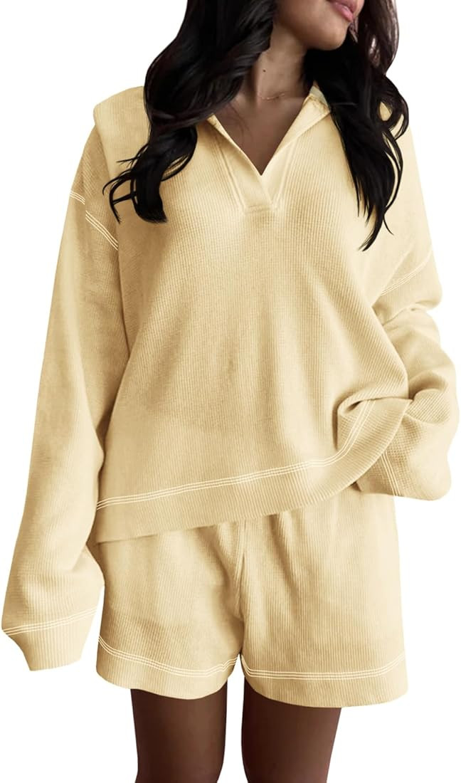 Fazortev Women's Waffle Pajamas Set Long Sleeve Top and Shorts 2 Piece Loungewear Outfits with Po... | Amazon (US)