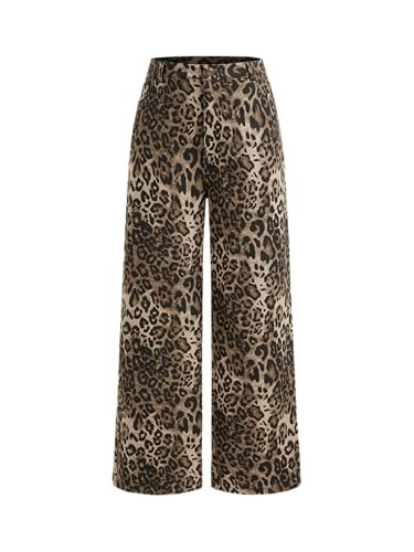 CIDER Denim Mid Waist Leopard Wide Leg Pants: Beige, S | Amazon (US)