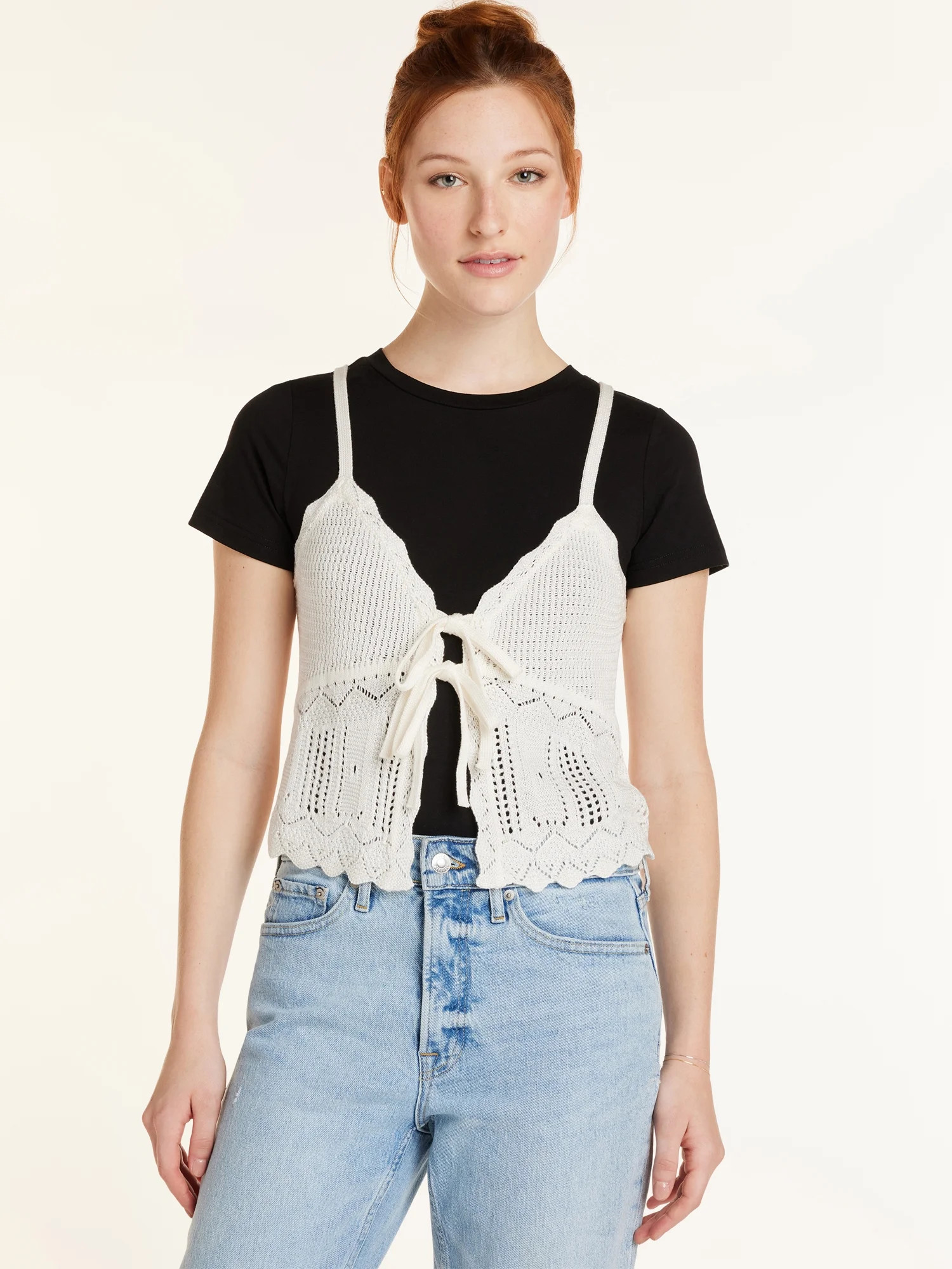 No Boundaries Juniors’ Tie Front Crochet Vest, Sizes XS-XXXL | Walmart (US)