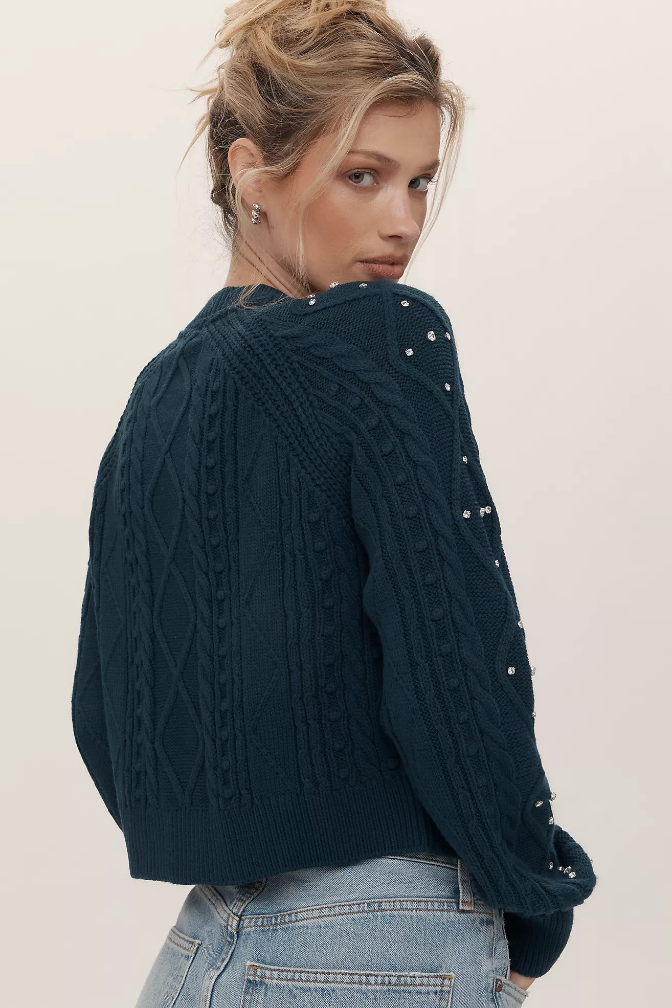 Maeve Gem-Embellished Cable-Knit Cardigan Sweater | Anthropologie (US)