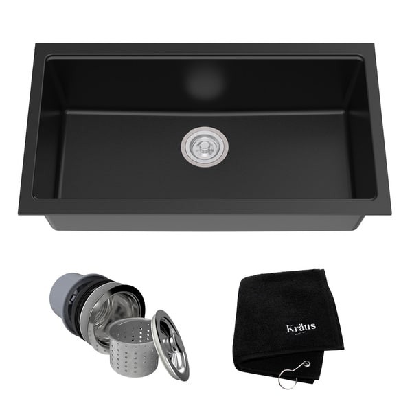 Kraus KGU-413B Undermount 31-in 1-Bowl Granite Kitchen Sink, Black Onyx, Strainer, Towel | Bed Bath & Beyond