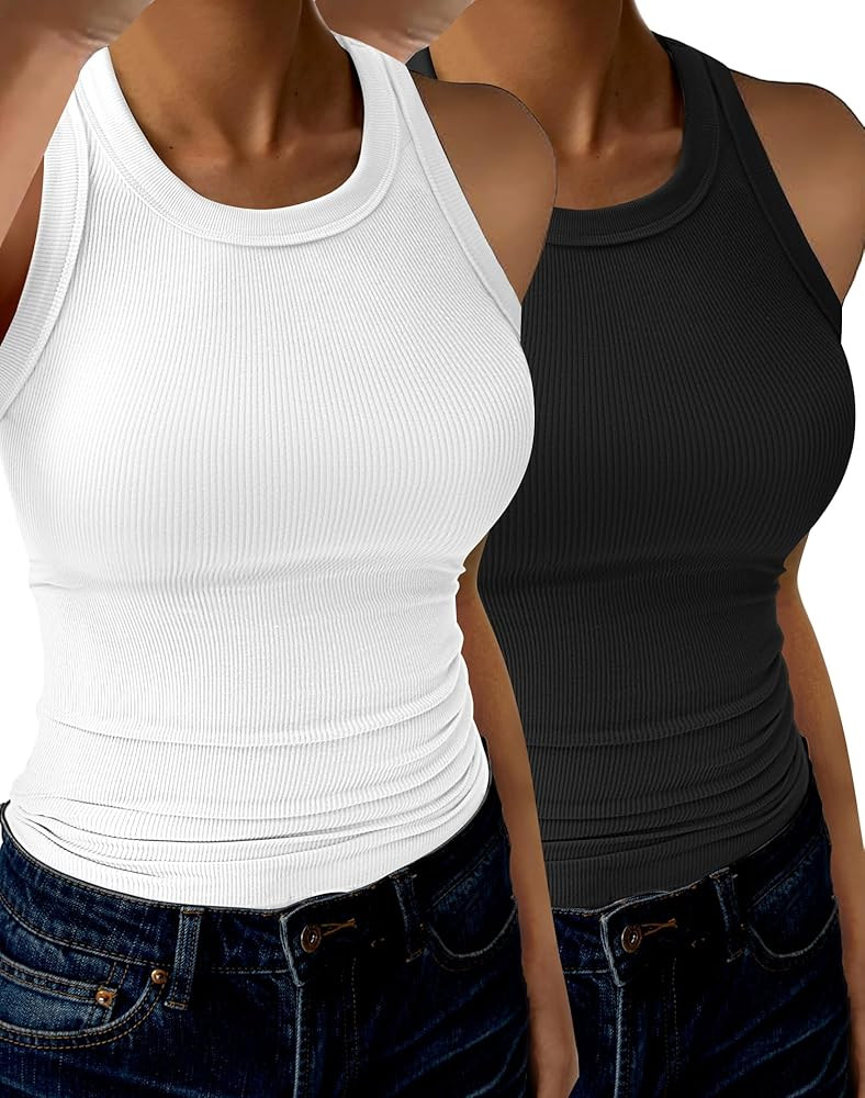2 Pack Womens Tank Tops High Neck Sleeveless Ribbed Tank Casual Basic Thick Strap Slim Fitted Rac... | Amazon (CA)