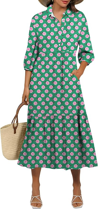 ANRABESS Women Casual 3/4 Puff Sleeve Polo V Neck Floral Printed Flowy Swing Loose Summer Boho Ma... | Amazon (US)