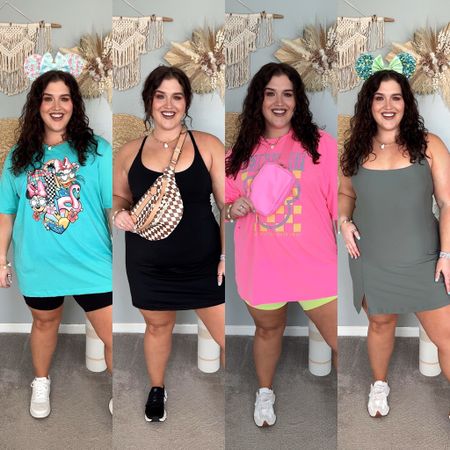 Disney themed amusement park outfit inspo Spring + Summer 🏰🐭🎆 Curvy approved Disney outfits. Oversized graphic tees, biker shorts + athletic dresses with built in shorts. 
Graphic T-shirts: 3X 
Black biker shorts: 1X 
Neon biker shorts: XL 
Activewear dresses: XL
Graphic tee colors are Heather sea green + neon pink.
Mickey ears are a small business on Etsy that are custom. Exact styles sold out, linking similar options from seller. 
#disneyoutfits

#LTKplussize #LTKstyletip #LTKfamily