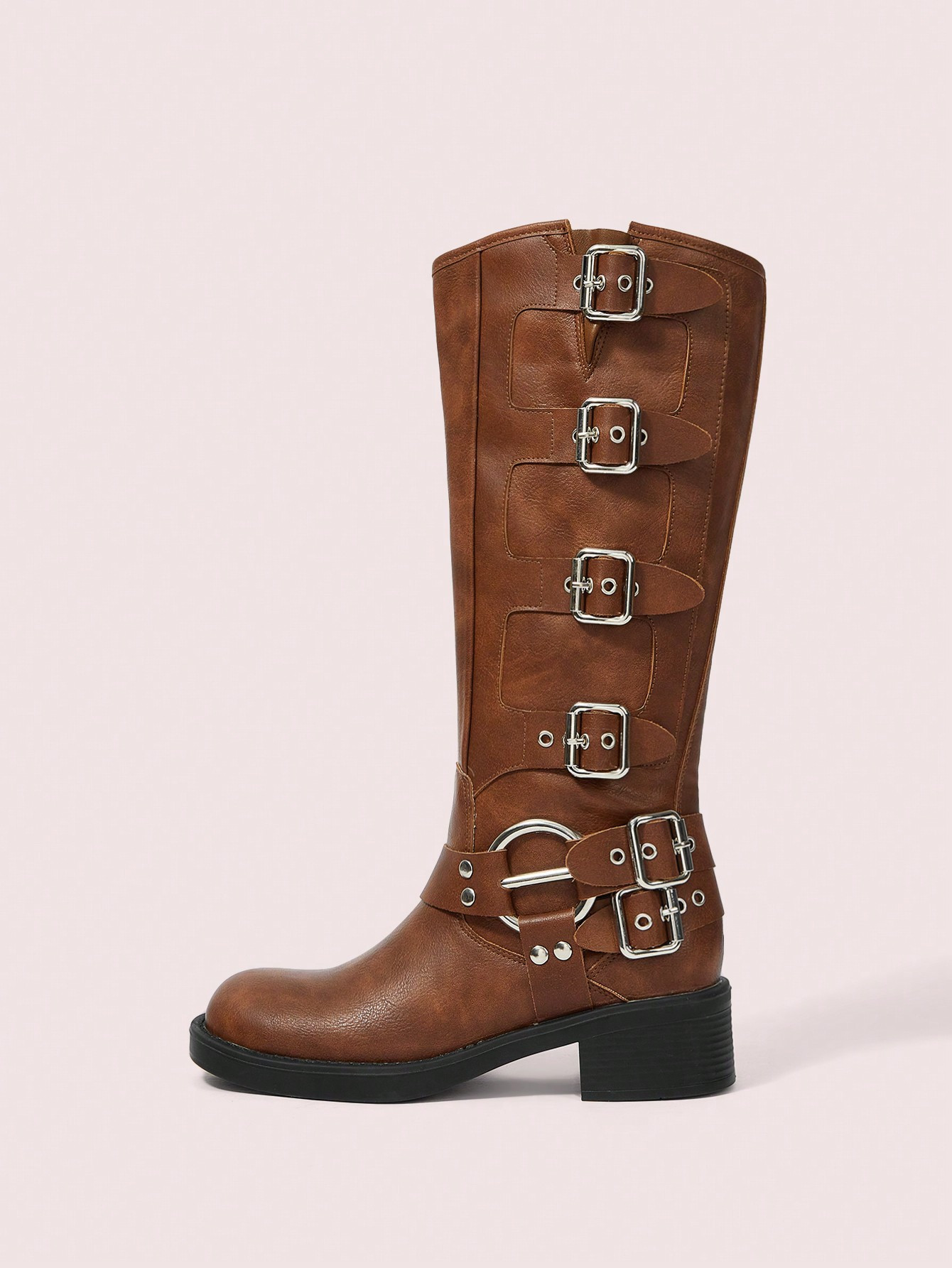 CUCCOO GRLICON Women's Solid Color Buckle-Up Casual Fashion Knee-High Boots Halloween Christmas F... | SHEIN