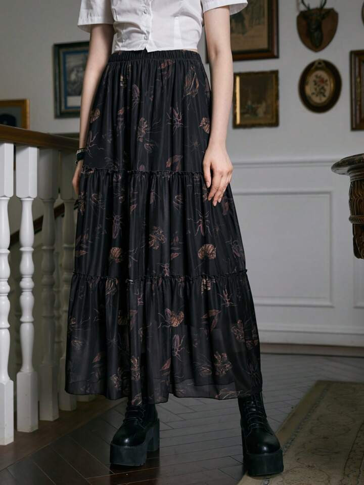 Academia Allover Print Ruffle Hem Mesh Skirt | SHEIN