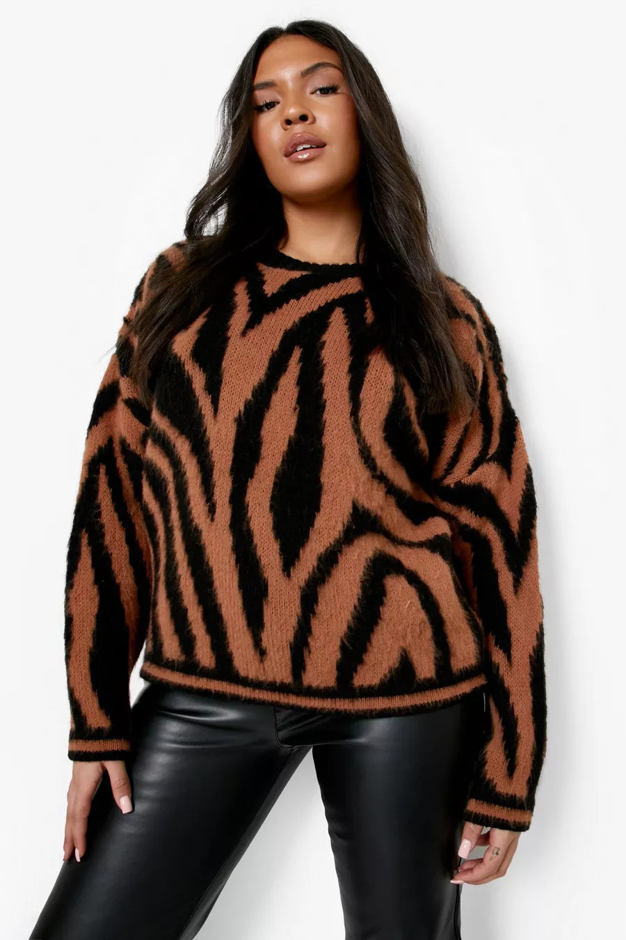 Plus Fluffy Knitted Zebra Sweater | Boohoo.com (US & CA)
