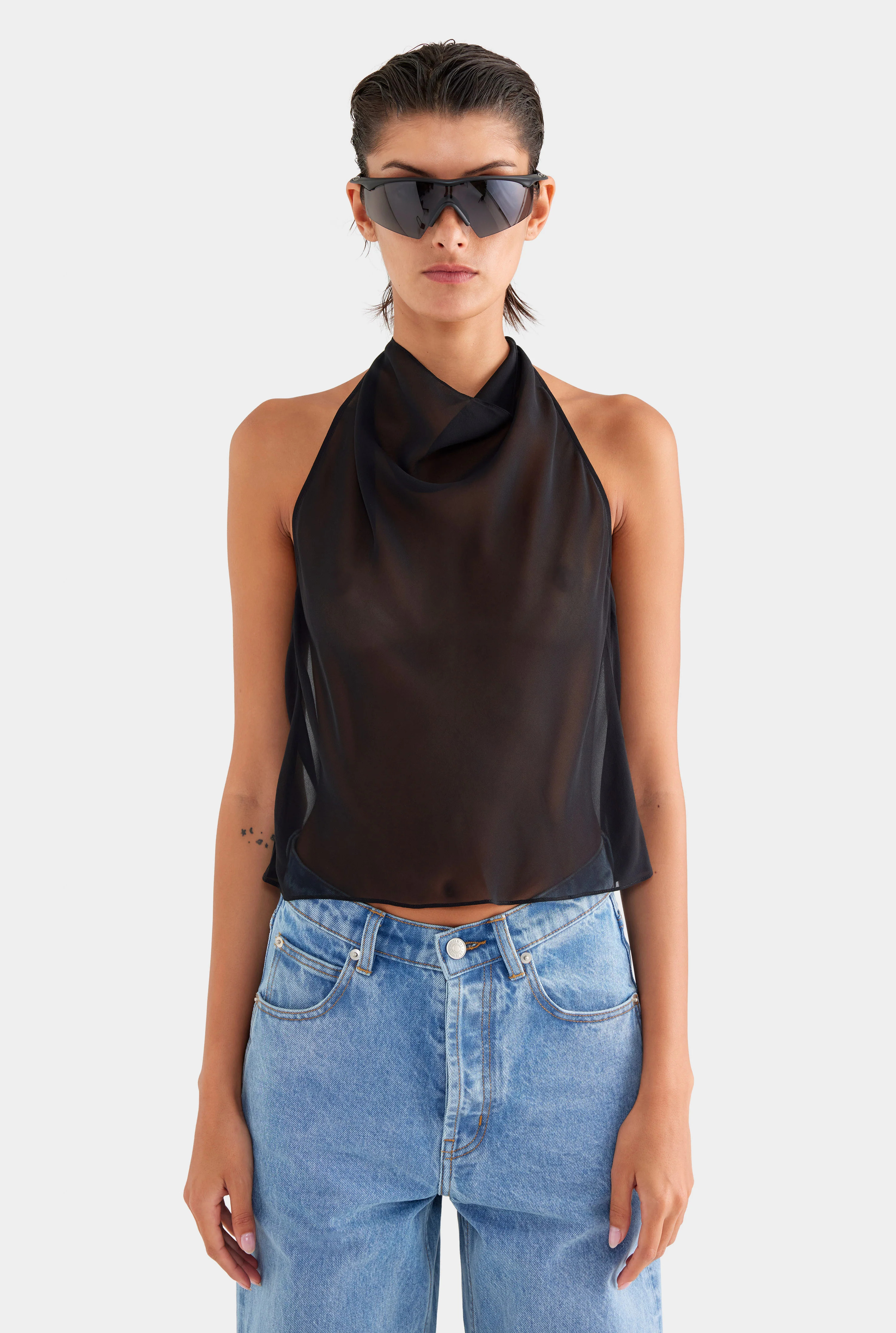 Sheer Silk Cowl Neck Halter Top in Black | Venroy | Venroy AU