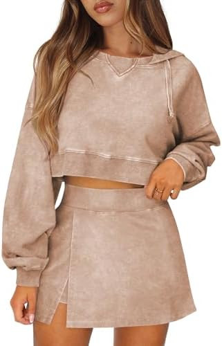 Womens Sweatsuits 2 Piece Set Mineral Wash Cropped Hoodies Lined Split Skirt Sets Matching Lounge... | Amazon (US)