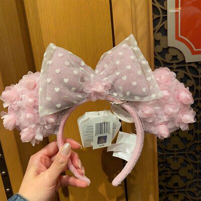 Disney Parks 2023 Valentine Pink Rosebud White Hearts Minnie Ears Headband | eBay US