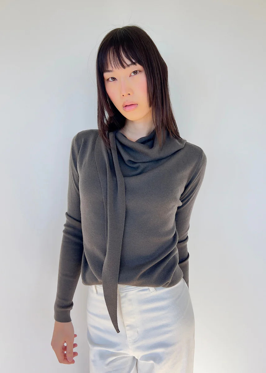 Janine Wrap Neck Long Sleeve Knit Scarf Top - Sage Grey | Benaar La