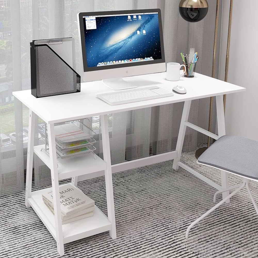 Natwind 47" White Desk Home Office Computer Working Kid Student Study Table with 2-Tier Storage B... | Amazon (US)