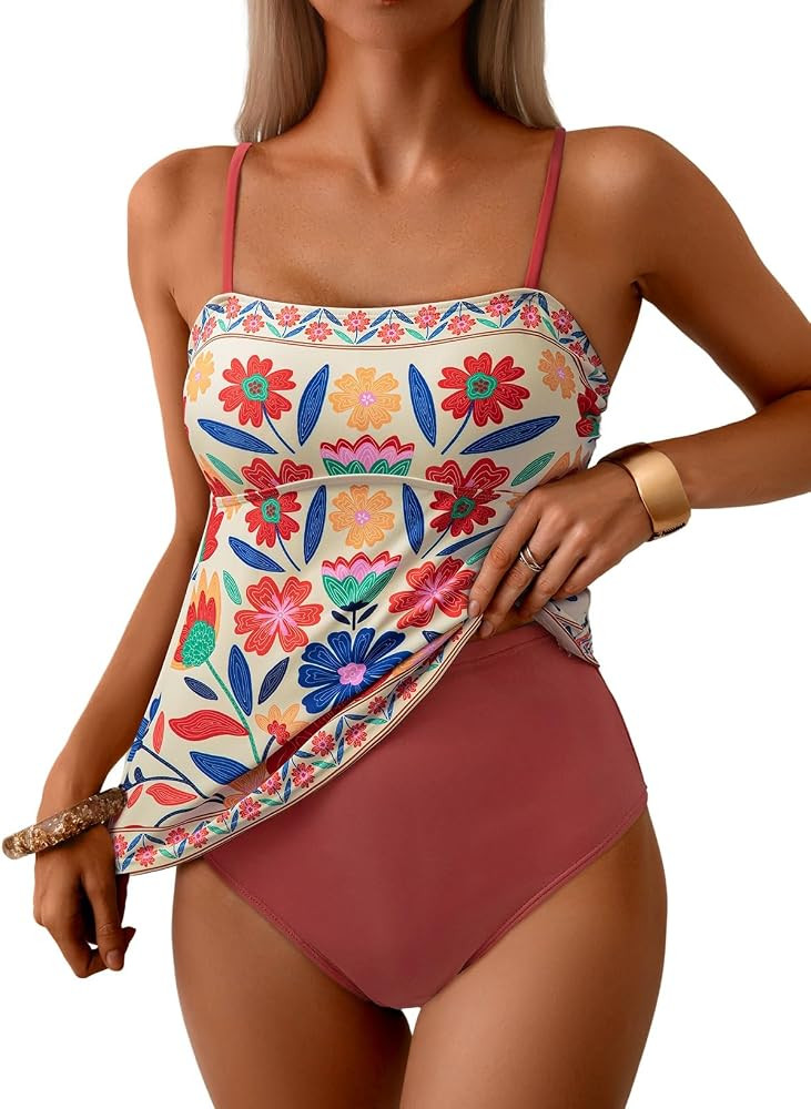 Dokotoo Women's Boho Floral Tankini Set Tummy Control Two Piece Swimsuits Flowy Vintage Beachwear | Amazon (US)