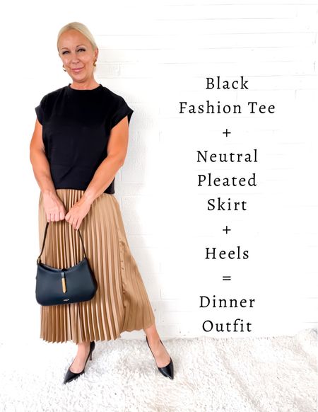 Black Fashion Tee + Neutral Pleated Skirt + Heels + Demellier Bag = Dinner Outfit

Old Money / Quiet Luxury / European Fashion / minimalist

#LTKover40 #LTKitbag #LTKSeasonal