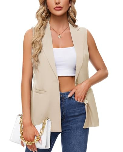 MINTLIMIT Sleeveless Vest Blazer for Women Casual Open Front Long Blazers Fashion 2025 Cardigan Vests with Pockets,S,Beige | Amazon (US)