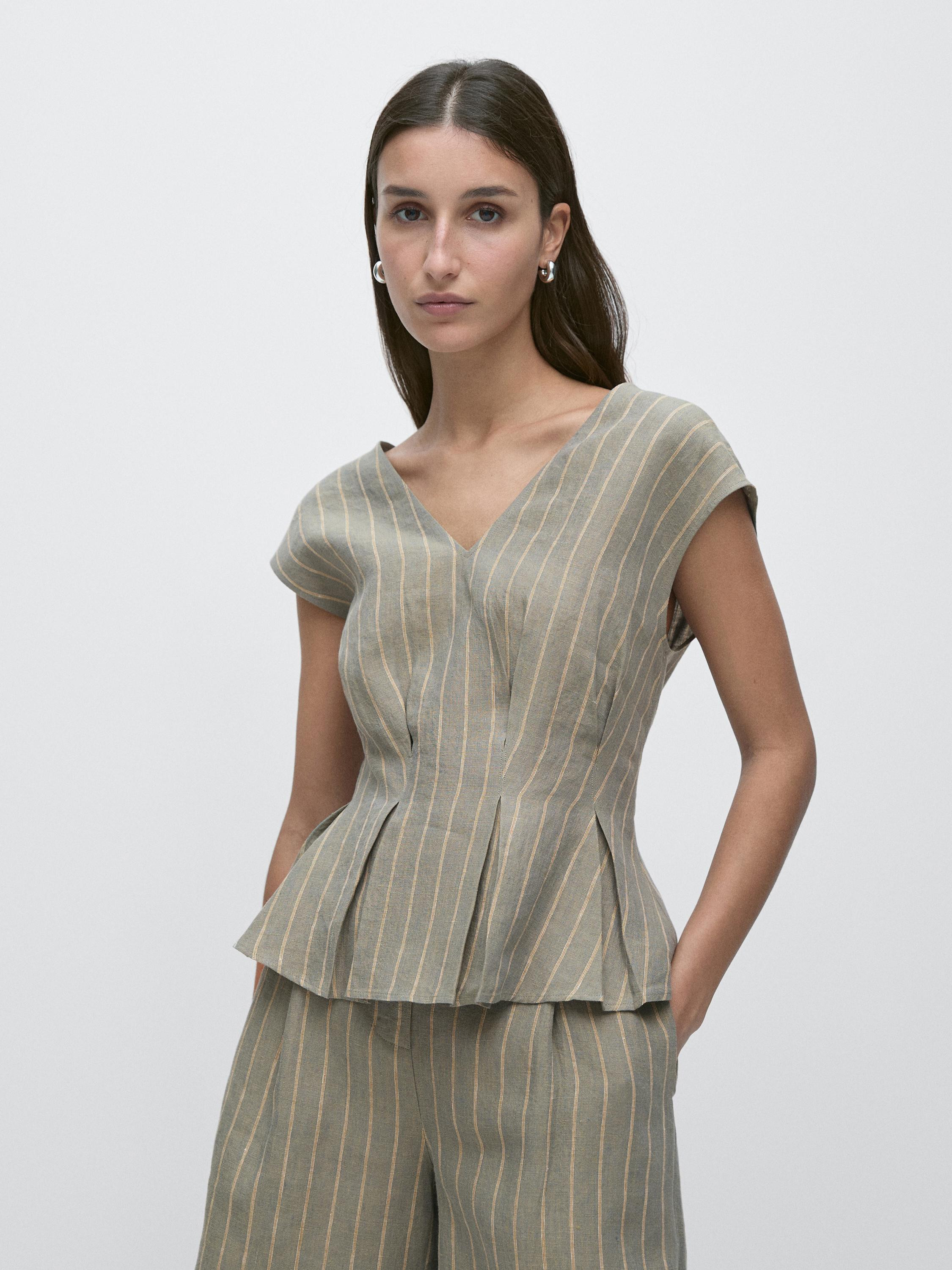 100% linen striped top with pleated details | Massimo Dutti US