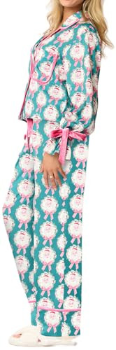 Yiulangde Christmas Bow Pajamas for Women Pink Silk Santa Nutcracker 2 Piece Pjs Long Sleeve Tie Front Shirt and Pj Pants Set | Amazon (US)