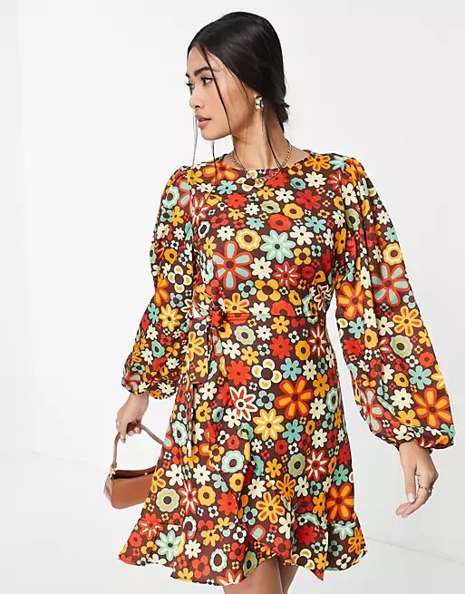 Vila mini dress with wrap skirt and belt in retro floral | ASOS (Global)
