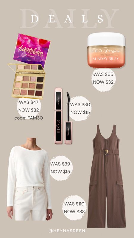 Daily deals on Tarte in bloom eye shadow palette, Sunday Riley CEO cream, Lancôme lash idole mascara, Gap linen shirt, Abercrombie jumpsuit 

#LTKbeauty #LTKsalealert