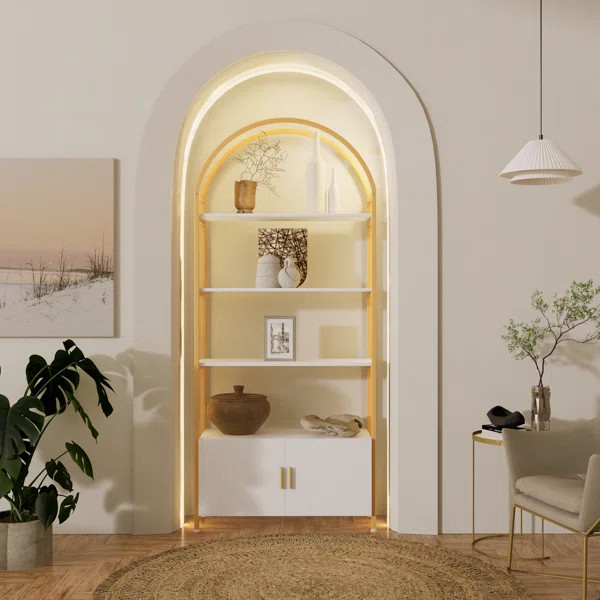 Gretlies Gold Bookshelf Arched Bookcase With Doors Hidden Storage Luxury Sideboard | Wayfair North America