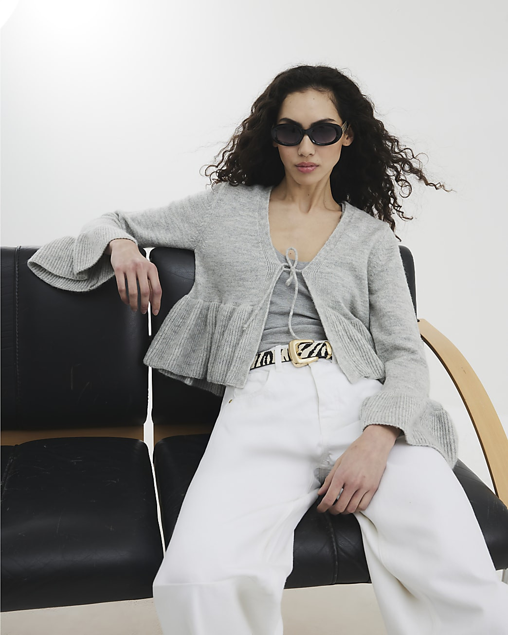 Grey Long Sleeve Tie Frill Cardigan | River Island UK & IE