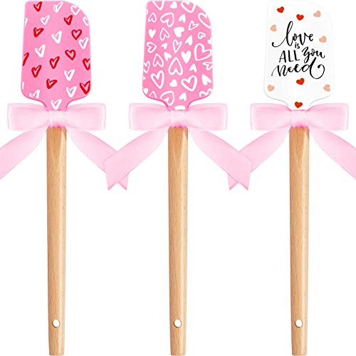 3 Pcs Valentine's Day Silicone Spatulas with Wooden Handles Valentine Pattern Heat Resistant Baking Spatulas Silicone Spatulas with Pink Satin Ribbon Bows for Baking, Cooking and Sauteing | Amazon (US)
