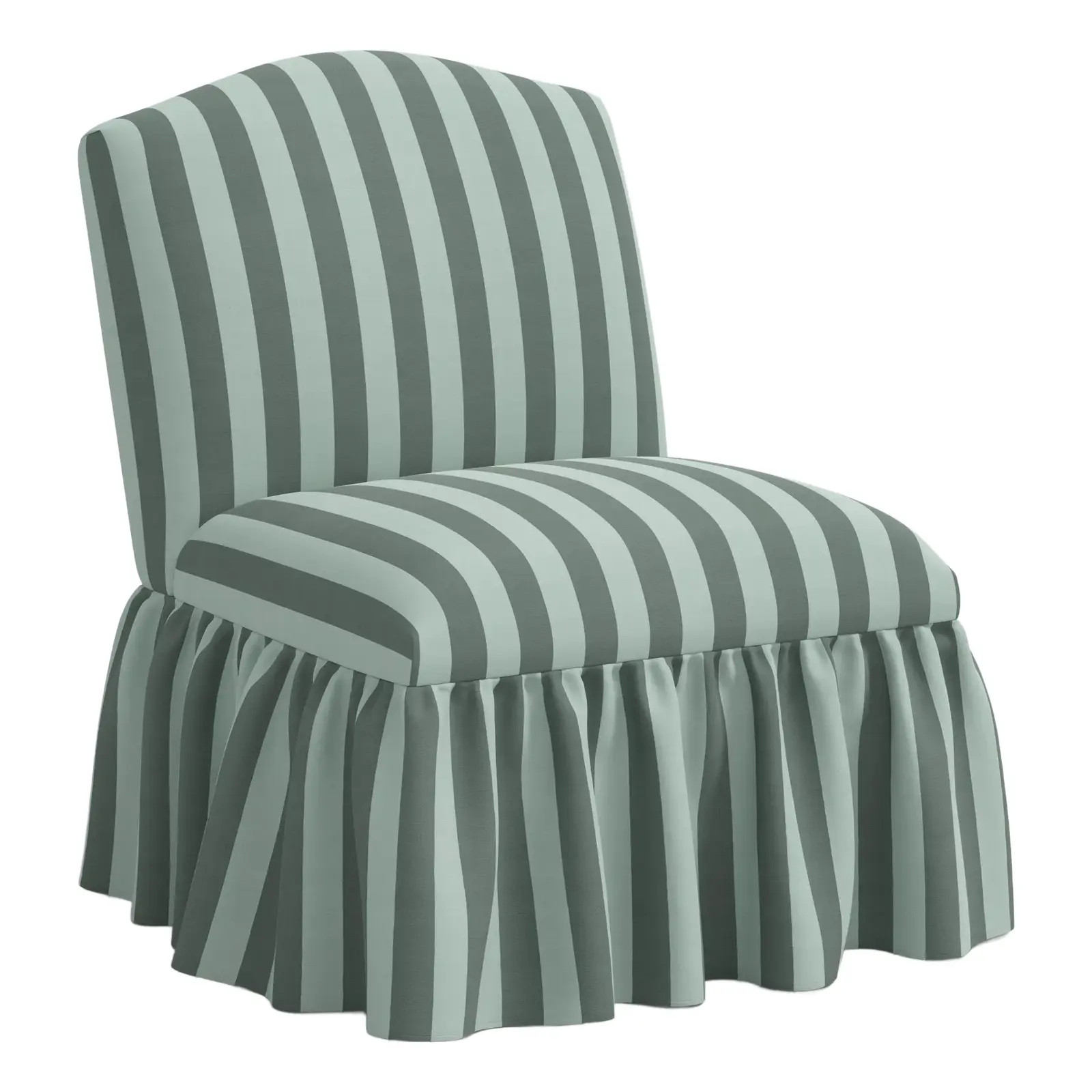 Spritely Home Ashburn Ruffle Slipper Chair in Canopy Stripe Tonal Teal | Chairish