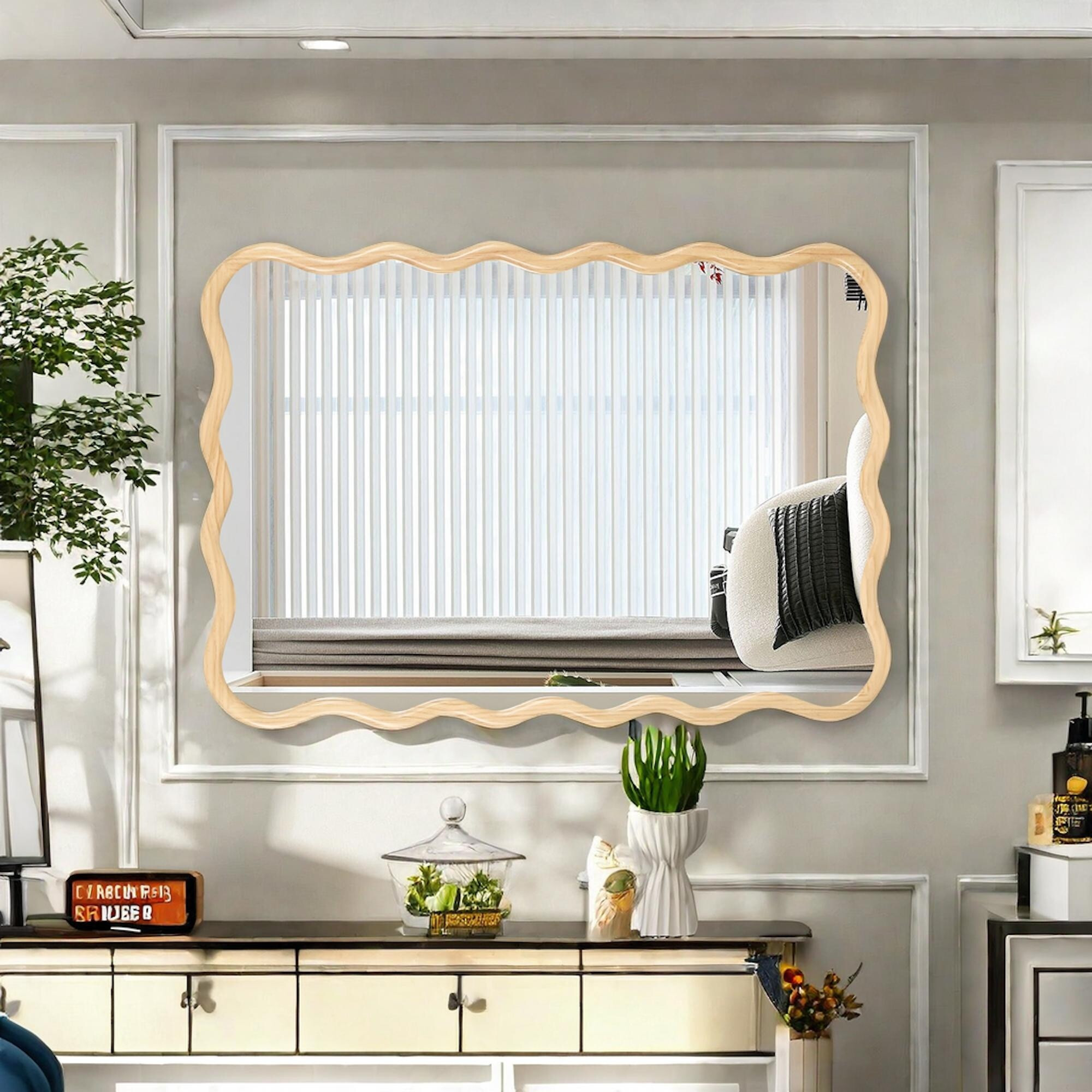 Wavy Rectangle Mirror-Natural-Wood 40" x 28" Modern Mirror Wall Decor for Bathroom, Bedroom, Living Room, Dining Room | Bed Bath & Beyond