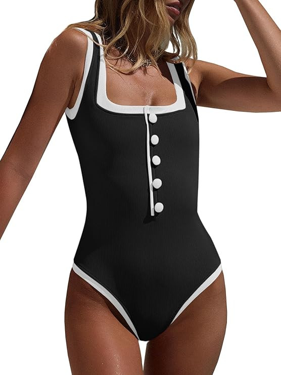 Saodimallsu Womens One Piece Swimsuit Vintage Ribbed Slimming High Cut Color Block Button Square ... | Amazon (US)