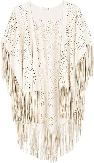 CHOiES record your inspired fashion Women's Suedette Cut Out Asymmetric Fringed Cape Kimono Blue ... | Amazon (US)