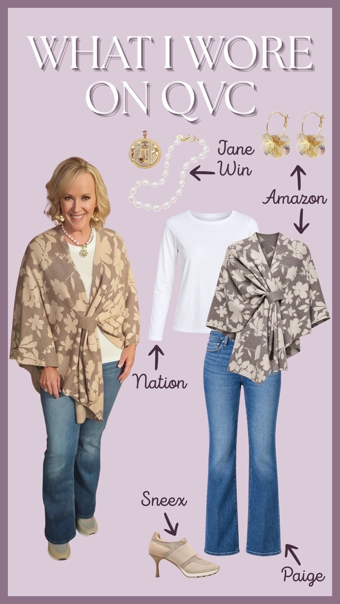 Shop the look I’m wearing today on QVC! This floral knit wrap is the highlight of this outfit and it’s been my most request item on LTK! The quality is amazing, it’s under $40 and there’s so many patterns and colors to choose from! I paired it with my go-to white long sleeve, these light-wash jeans, my favorite Sneex that I’ve been wearing all fall, and some fun jewelry to top it off! Shop my look 💜

#LTKootd #LTKSeasonal #LTKPetite