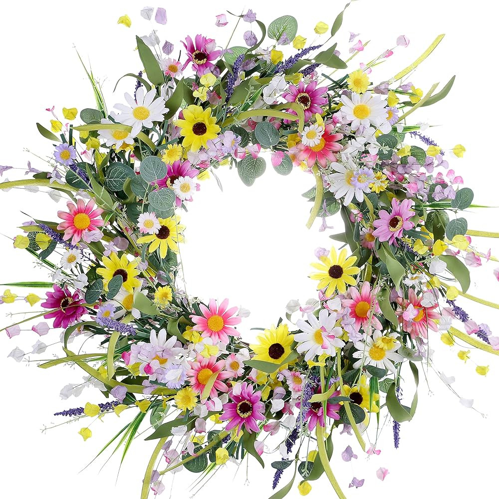24 Inches Spring Wreaths for Front Door,Artificial Spring Wreath Summer Wreaths with Colorful Dai... | Amazon (US)