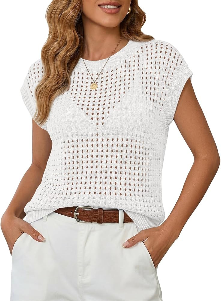 Saodimallsu Womens Crochet Sweaters Summer Cap Sleeve Knit Tops Lightweight Crewneck Beach Vacati... | Amazon (US)