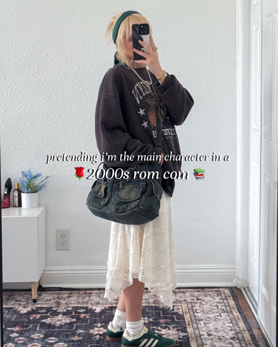 hiii! here’s an outfit i came up with based on 2000s rom coms! i was going for the thrifty, book girl style. you know, the girl who acts uninterested at first, but secretly is. takes time to warm up, but once she does she’s loyal for life.  here’s what i used to make this look! an oversized cozy sweatshirt, a t shirt under the sweatshirt, a lace midi skirt, patterned lemon socks, green adidas sneakers, an oversized bag, a green hair scarf, & some chunky layered jewelry 🍋 #romcom #outfitinspo #2000sfashion #zerogatekeeping

#LTKootd