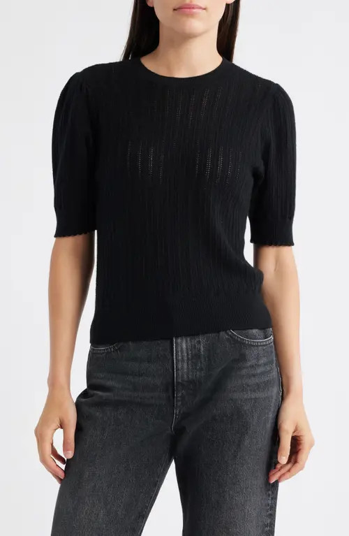 FRAME The Ladder Pointelle Short Sleeve Cashmere Sweater in Black at Nordstrom, Size X-Small | Nordstrom