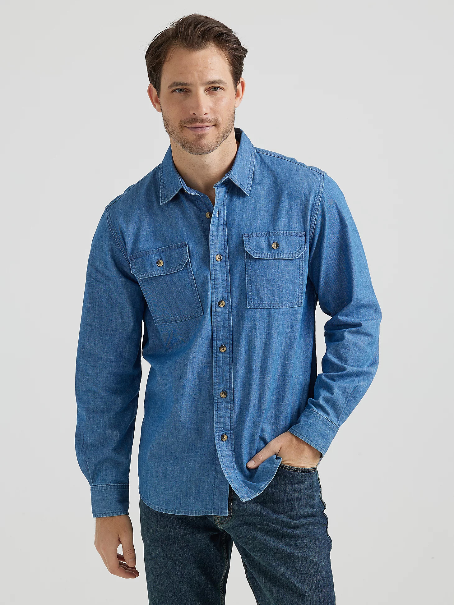 Men’s Wrangler® Long Sleeve Twill/Denim Shirt in Mid Wash | Wrangler