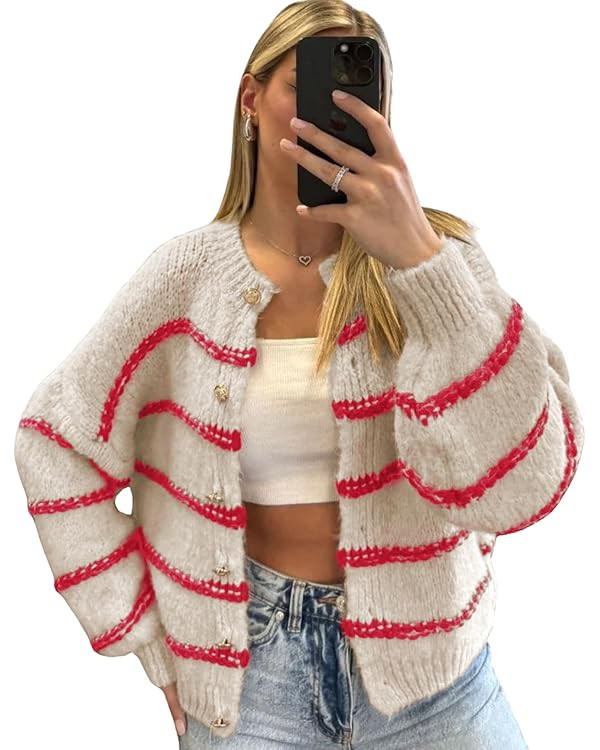 QIBABU Womens Striped Cardigan Sweaters Casual Open Front Long Sleeve Button Down Knit Outwear | Amazon (US)