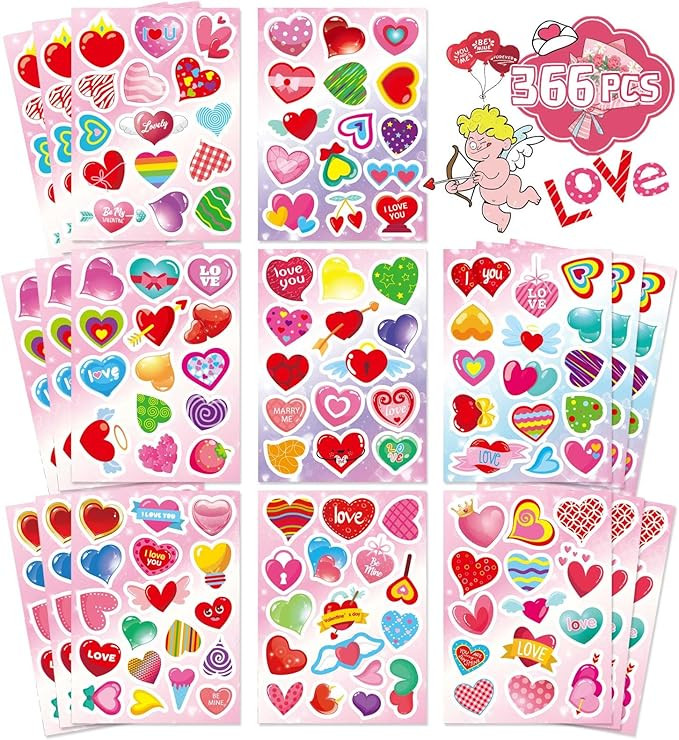 366 Pcs Valentine Stickers for Kids,Colorful Heart Stickers Valentine's Day Love Decorative Stick... | Amazon (US)