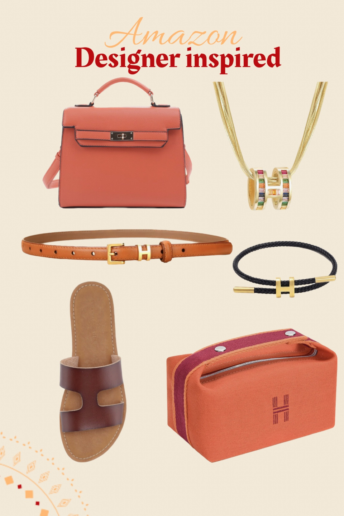 Amazon designer inspired | designer dupes | Hermes lookalikes | H jewelry | makeup bag | trendy sandals | trendy finds | trendy style | look for less | Amazon fashion | Amazon finds | dupe alerts 

#LTKstyletip #LTKfindsunder50 #LTKGiftGuide
