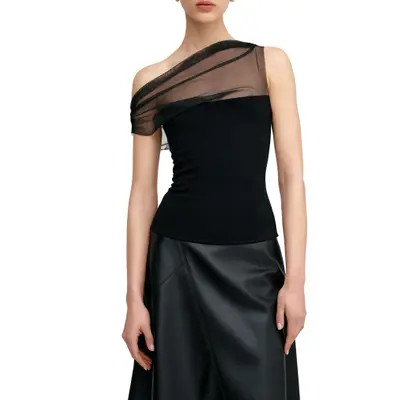 Marcella Cabrini Mesh One-Shoulder Top in Black at Nordstrom, Size Small | Nordstrom