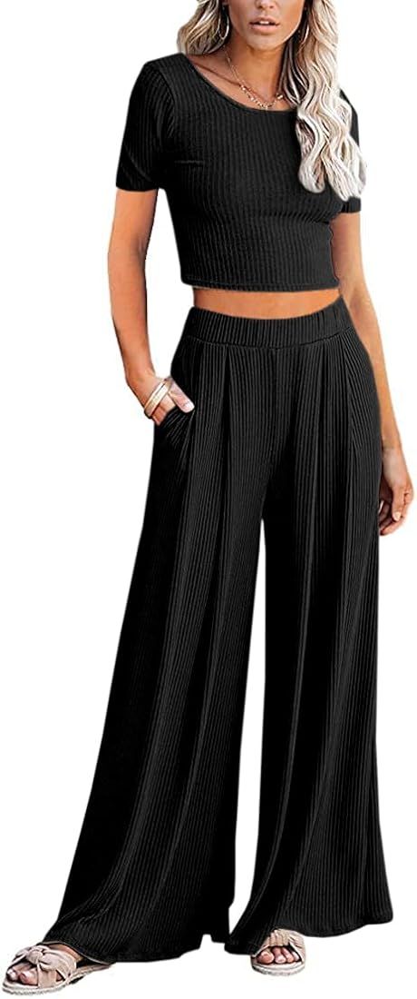 Lveberw Lounge Set Womens, Outfits Sets, Ribbed Crop Top Long Sleeve, Palazzo Pants - Loose Sweat... | Amazon (US)