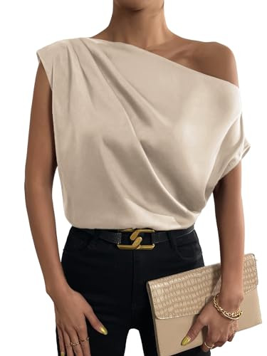 OYOANGLE Women's Satin Off The Shoulder Short Sleeve Asymmetrical Neck Ruched Work Office Blouse Top Khaki S | Amazon (US)