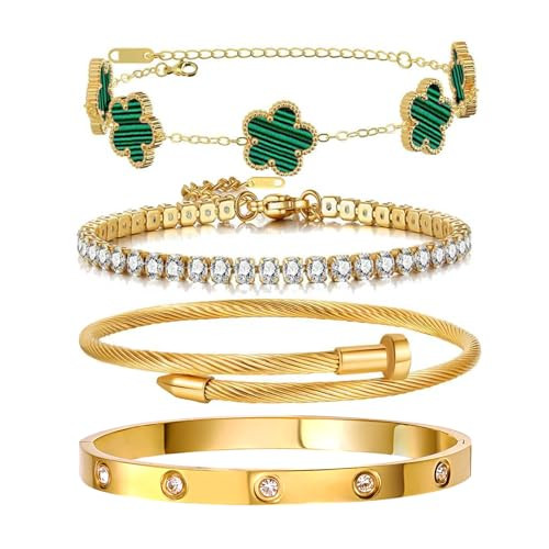 Gold Bracelets for Women, 18K Gold Plated Women Tennis Bracelets Clover Nail Love Bangle Bracelet... | Amazon (US)
