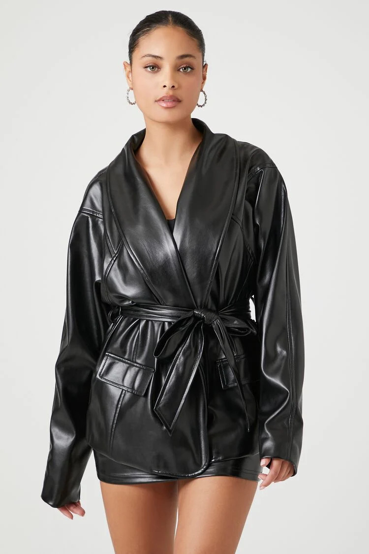 Women's Faux Leather Wrap Jacket in Black, XL | Forever 21