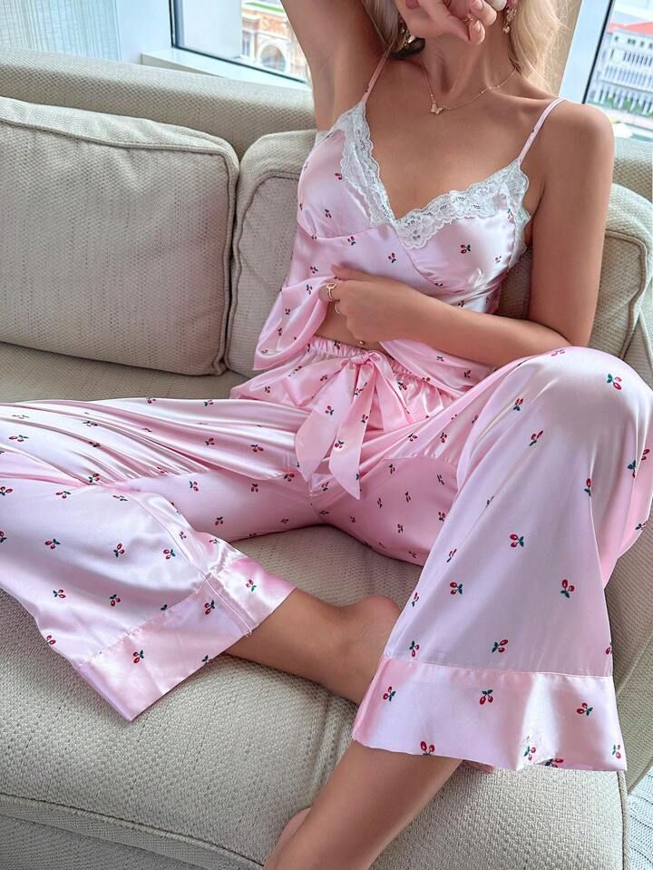 Floral Print Lace Trim Satin Cami Top & Pants PJ Set | SHEIN