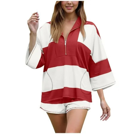 vigerkar Women Striped Workout Set Two Piece Outfit Tracksuit Oversized Lounge Set Top and Shorts Sets with Pockets Red, M | Walmart (US)
